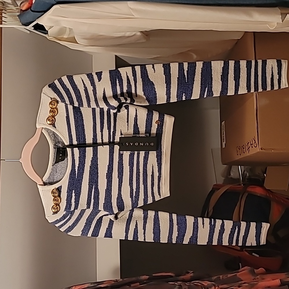 Dundas cropped blue zebra stripe sweater. Gold button detailing. Never worn